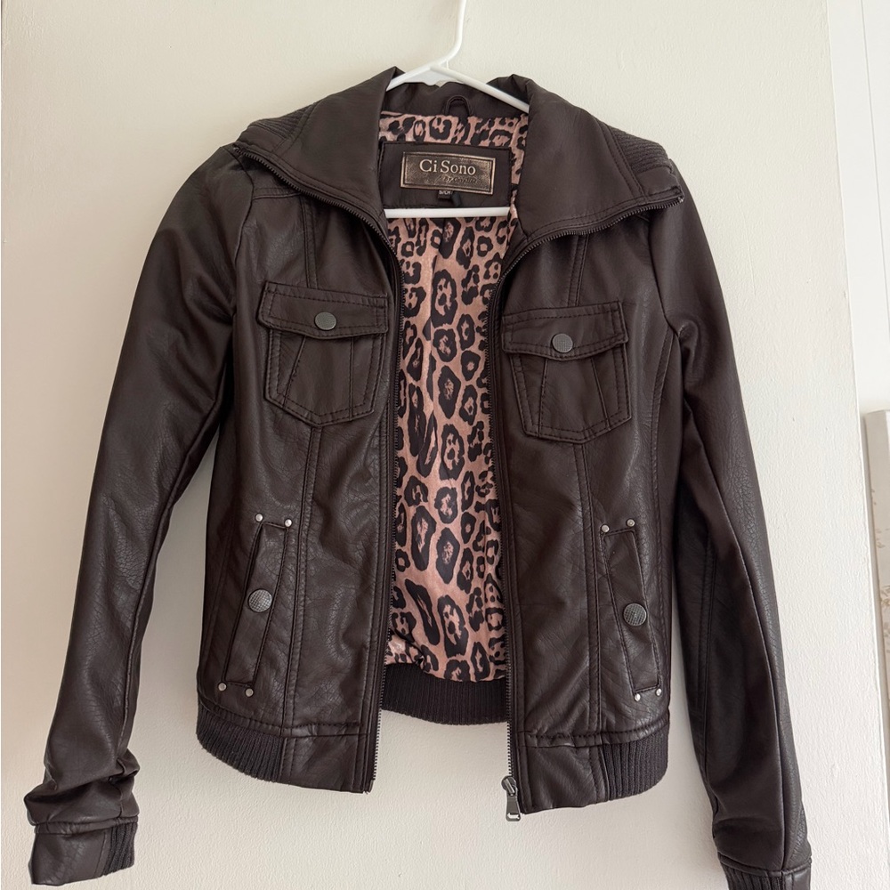Ci Sono Faux Leather Jacket with Leopard-Print Lining